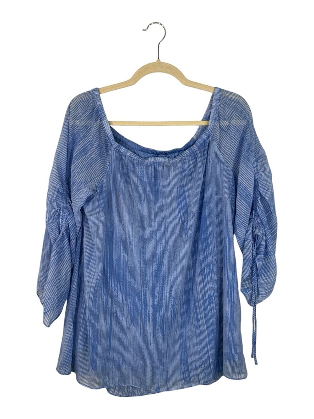 H by Halston Blue Striped Off Shoulder Blouse Womens 14 Casual Boho Sunmer Beach
